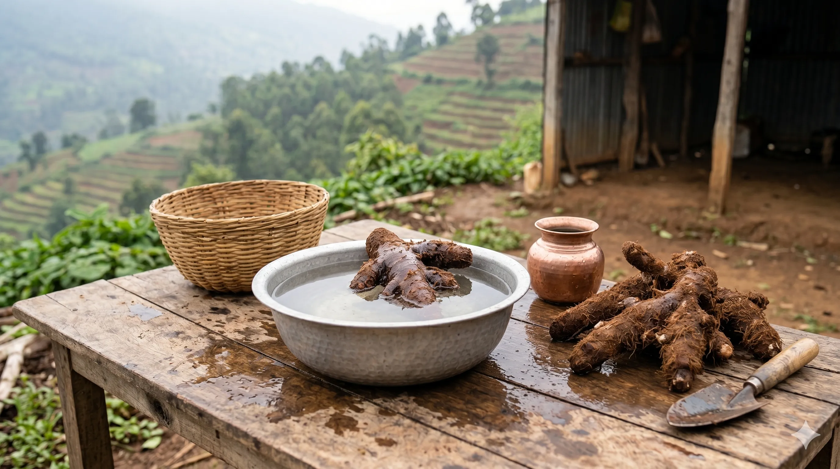 Mudavaatu Kaal Kizhangu roots washed and prepared on a rustic farm table