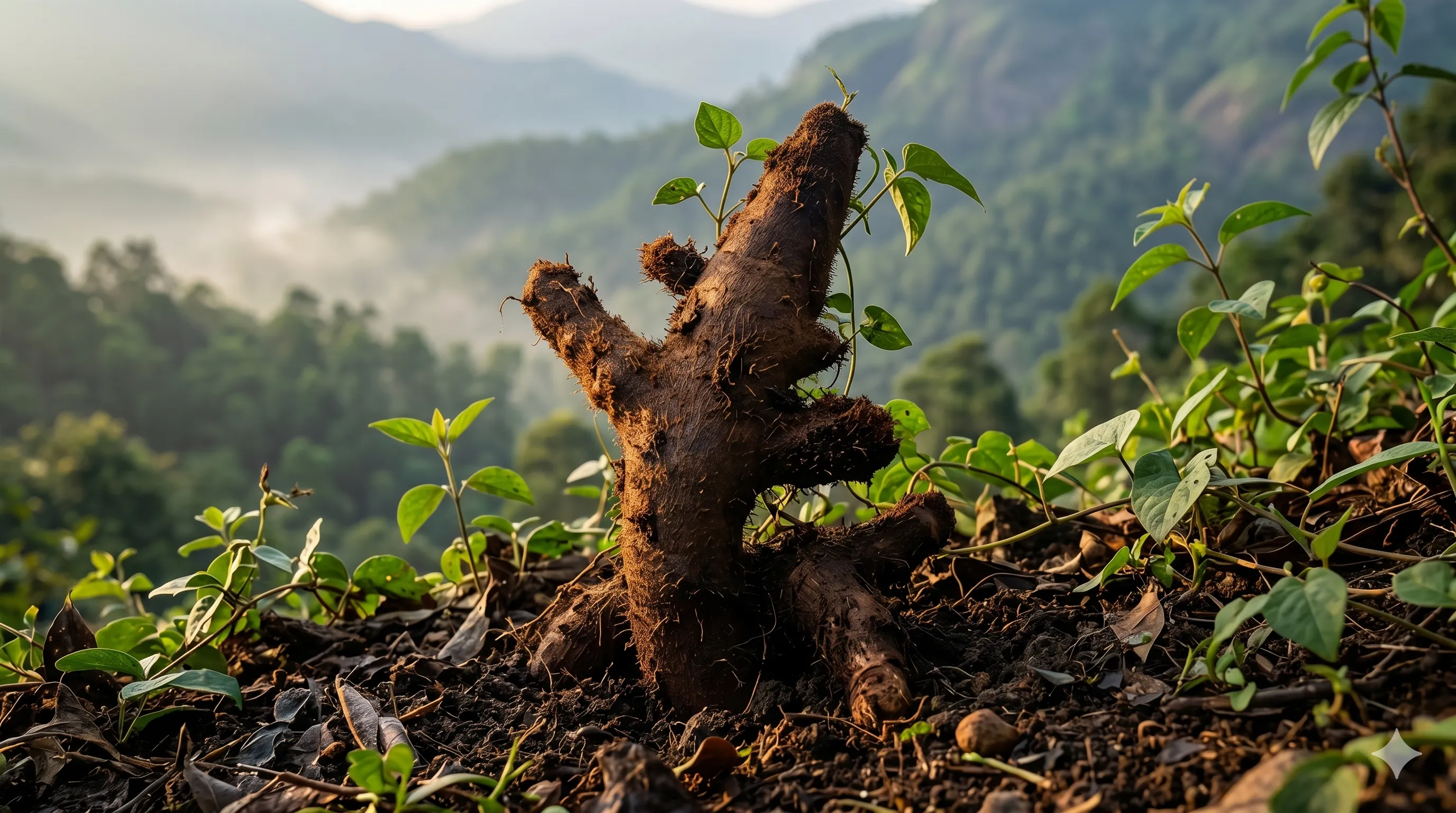 Fresh Mudavaatu Kaal Kizhangu root in misty hill forest — natural harvest origin